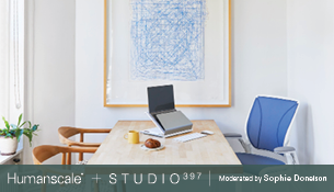 Img of desk setup with logos for Humanscale, Studio 396. Moderated by Sofia Donelson